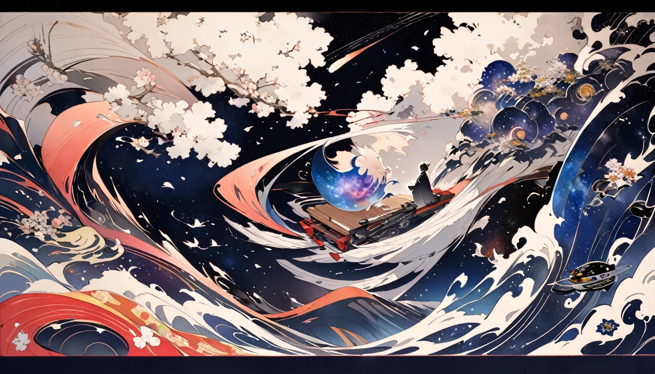 best quality, super fine, 16k, 2.5D, delicate and dynamic depiction, 7-person koto ensemble, koto, the sound of the koto, cherry blossom petals falling on the stage, sense of dynamism, tense atmosphere that feels like another world, performance from another dimension, moving effects, so beautiful, attractive and seductive expression, detailed decorated background, elegant effects, fusion of watercolors and oil paintings, fusion of paper cutting and shadow puppetry, mix of monochrome and color, mix of Japanese painting, ukiyo-e and woodblock prints, ink, shading, gradation, artwork with vibrant colorful colors, detailed decorated backgrounds, wet in wet, water splash, Japanese paper quality, (background space galaxy:1.5)