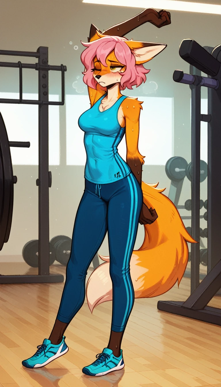 [Braixen], [pokemon], [Uploaded to e621.net; (Foxovh), (Pixelsketcher), (mayosplash], ((masterpiece)), ((solo portrait)) ((back view)), ((full body)), ((feet visible)), ((furry)), ((detailed fur)), ((detailed shading)), ((beautiful render art)), {female anthro fox; (yellow fur), (black fur on legs), red ear fluff, bright orange eyes, happy smile, (beautiful feet), (black claws)}, {red tee shirt, (midriff), (black spandex shorts}, {(sitting on bench), (looking back)}, [background; (open room), (gym), (blue sky)]