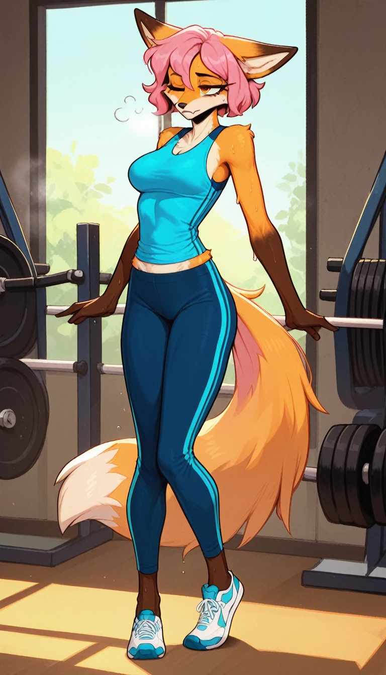 Half-closed eyes, tired expression, 1girl, anthro, furry, fur, fluffy fur, fox girl, thight sport pants, blue pants, gym background, pink hair, yellow eyes, blue sleeveless shirt, sport shirt, short hair, full body, (19 years), medium breast, solo, (gym), one closed eye, sweating, vapor, heat, detailed, (tired), thighs, stretching, standing, score_9, score_8_up, score_7_up, score_6_up, score_5_up, score_4_up