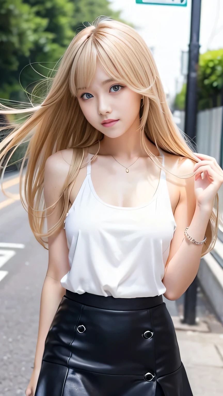 Sunburn marks on tanned skin、blush、smile、Multicolored hair color、Bangs on the face、Bangs between the eyes、Super long hair、Attractive light and dark platinum blonde super long straight silky liner hair、Beautiful bright transparent light blue big eyes that are charming and shining、A cute -yeld giwith a cute look, A strong wind blows my hair in front of my face、Beautiful big sparkling eyes, Cute eyes hidden by long bangs、Yawn、No visible nasolabial folds、A short, light-colored miniskirt、A cute and colorful summer shirt、Korean Beauty、Dark blush on the cheeks