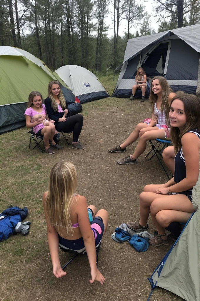 Picture taken with an iPhone. Camping area. Wearing only underwear. Two girls together. One girl is blonde and the other girl is brunette. Around one fire. It’s late in the day