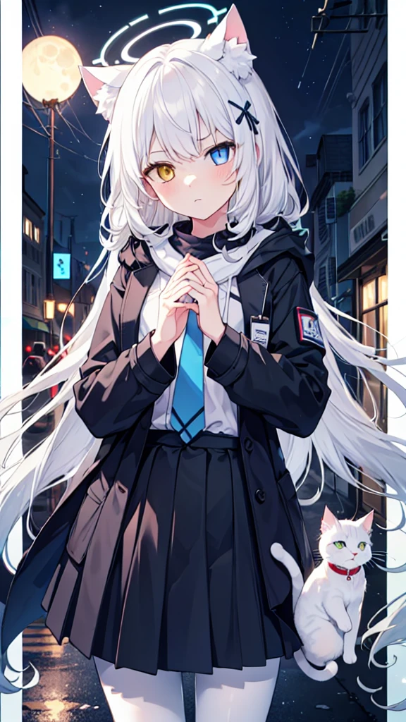 White pantyhose，White hair，Long hair，White cat ears，Heterochromia blue-red，Serious expression，Female face，There are bright spots in the eyes，Female hands，White little hands，Normal fingers，flat chest，Gray-black coat，With a hood，blue halo，night，street，moon，