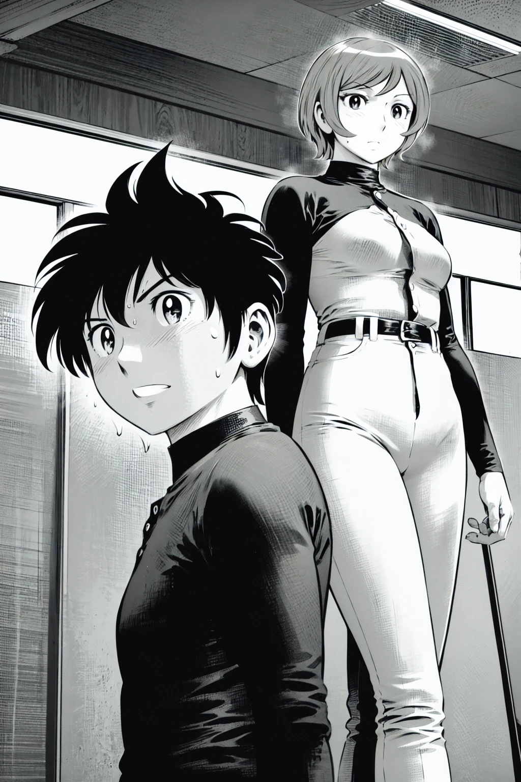 、(masterpiece、Highest quality)、Highest quality, Ultra-high resolution, (((masterpiece))), alone, Sweat、Big eyes,Tight black shirt、Tight white pants、belt、indoor、Composition from the front、(Cut the back hair short、short hair、blonde、woman)、Shortcuts、Embarrassed face、Cut your hair short、可愛いwomanの子、Big Breasts、office