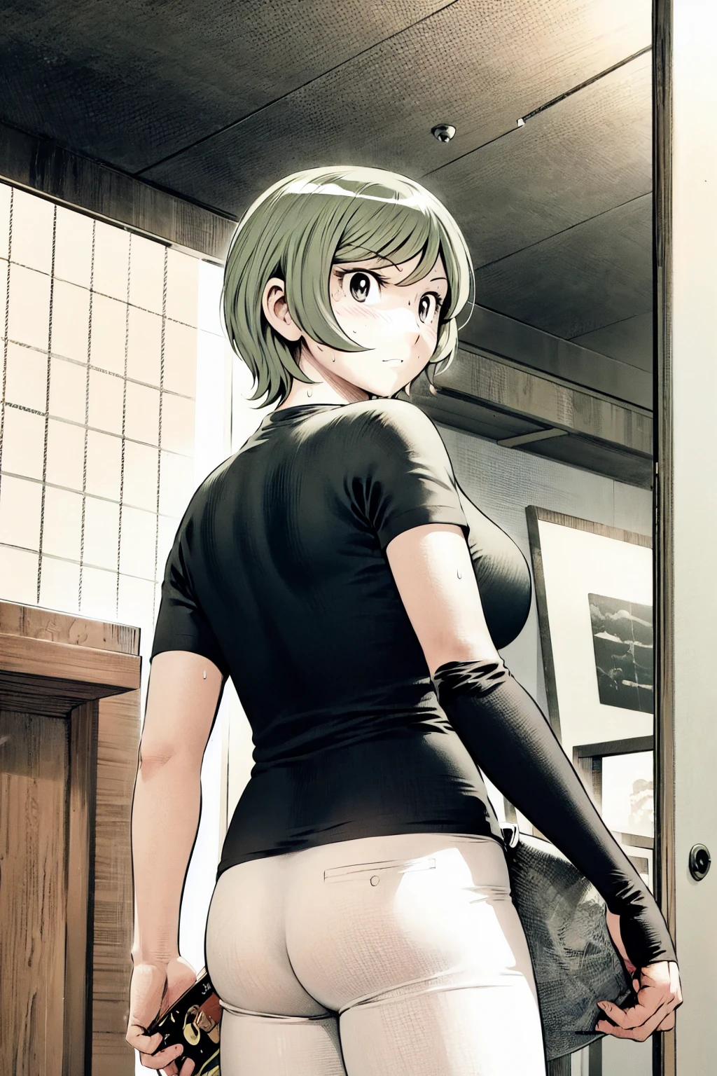、(masterpiece、Highest quality)、Highest quality, Ultra-high resolution, (((masterpiece))), alone, Sweat、Big eyes,Tight black shirt、Tight white pants、belt、indoor、Composition from the front、(Cut the back hair short、short hair、blonde、woman)、Shortcuts、Embarrassed face、Cut your hair short、可愛いwomanの子、Big Breasts、office