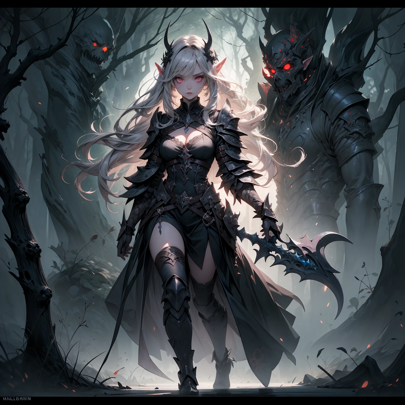 A stunning artwork of a fierce demonic elf standing in a cursed forest. The full-body view showcases her in dark armor, exuding an aura of malevolent grace and unyielding power. Her long, flowing dark gray hair frames a face of eerie beauty, highlighted by red eyes that glow with otherworldly menace. She holds a cursed sword, intricately designed and radiating dark energy, adding to her formidable presence. The scenery around her is a twisted, shadowy forest with gnarled trees and glowing red eyes peering from the darkness. Mist and sinister shadows enhance the ominous atmosphere, creating a scene of haunting dread.