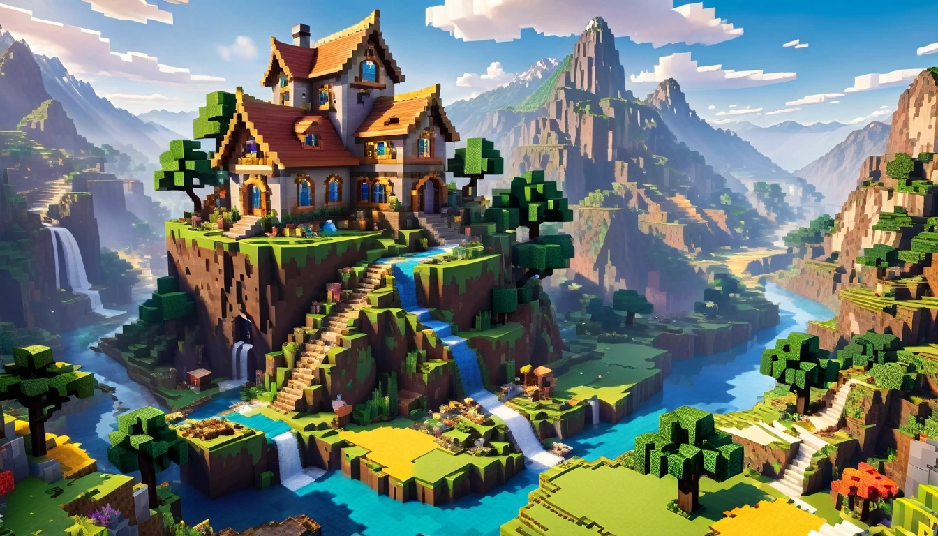 minecraft style (Ultra realistic:1.3), (long distant shot) from (big tall fairy house:1.2) with round windows, on top from rocky hill, environmental artwork, environmental art, (elegant jewelry), (mystical river), (Beautiful:1.4), (attractive:1.3), epic snowy (mountains), Summer nature, block, pixel, bright colors, (Eagle), many little animals, Panda, dogs, (rainbow:0.5), (World tree) On distance