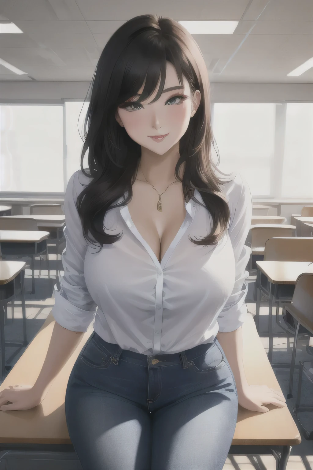 Amazing portrait of a sexy teacher in an empty classroom with a beautiful detailed face emphasised by some amazing makeup wearing a shirt that emphasizes her medium chest, and jeans showcasing her thick thighs with a lustful expression