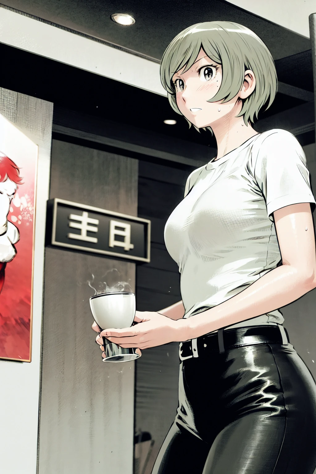、(masterpiece、Highest quality)、Highest quality, Ultra-high resolution, (((masterpiece))), alone, Sweat、Big eyes,Tight black shirt、Tight white pants、belt、indoor、Composition from the front、(Cut the back hair short、short hair、blonde、woman)、Shortcuts、Embarrassed face、Cut your hair short、可愛いwomanの子、Big Breasts、office
