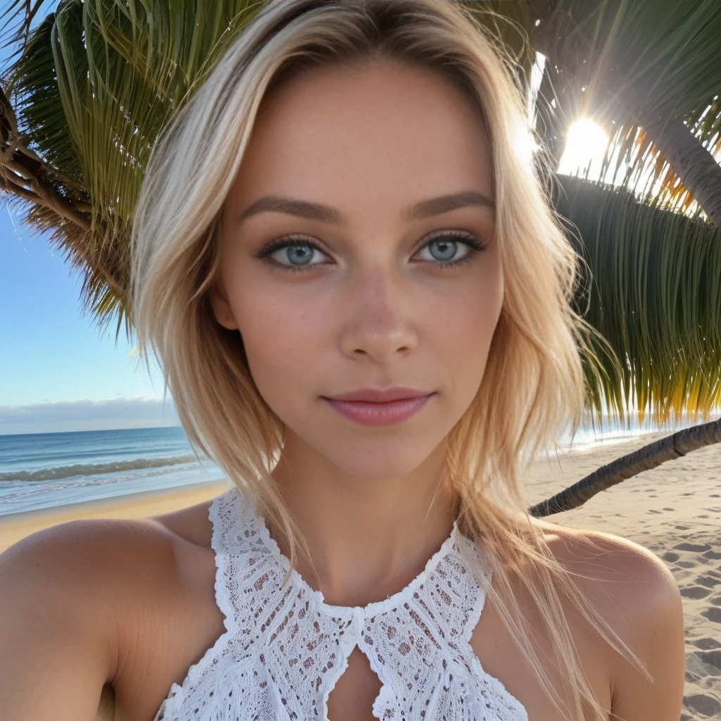 Selfie en vue plongeante à 1.4 d'une femme blonde de 24 ans aux yeux bleus marchant le long de la plage au coucher du soleil, entourée de palmiers. Elle porte une jupe et un haut décolleté, et regarde l'appareil photo avec des yeux brillants et détaillés. La scène est éclairée par une lumière douce du crépuscule, capturée avec un Fujifilm XT3 pour une qualité ultra-nette et une profondeur de champ précise. La photo met en valeur les détails complexes de la peau, des textures des cheveux et des nuances de couleur dans un environnement naturel et relaxant.