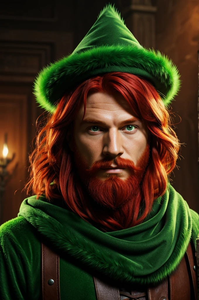 Red hair wizard, only his face can be seen, in 1 dimension, not real, green fur, png