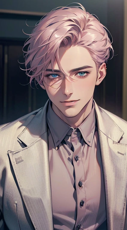 (best quality,4k,8k,highres,masterpiece:1.2),ultra-detailed,(realistic,photorealistic,photo-realistic:1.37),cinematic lighting,1:4 hdr image,a mature man, 29 years old,very handsome,cold expression smile in love, short grey pink hair,blue eyes,flawless face,buttoning his jacket,CEO