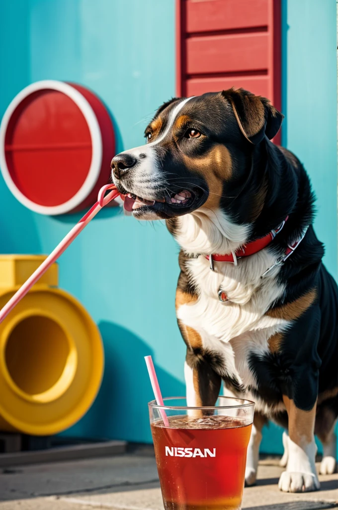 Dog drinking water with a straw and the Nissan logo in the background