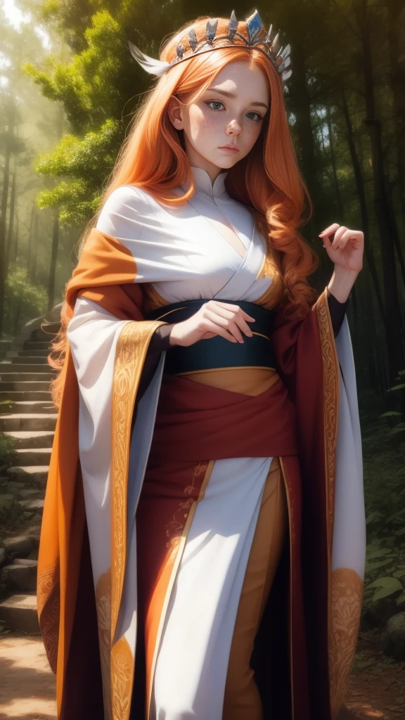 18 years old princess, striking figure, long ginger hair, wavy hairs, fair skin, (freckles), (kolito), innocent and regal appearance, expressive eyes are filled with a mix of curiosity and determination, her slender frame, elegant grace, vibrant orange kimono with white and black decorations, very long ((sleeves past fingers)), sleeves past wrists, feather headdress, in a forest