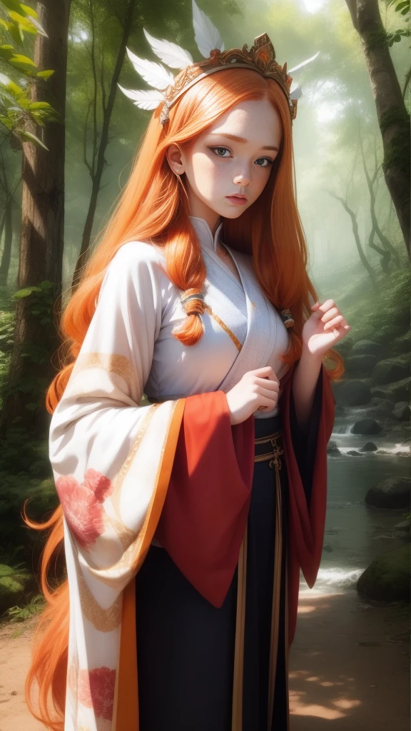 18 years old princess, striking figure, long ginger hair, wavy hairs, fair skin, (freckles), (kolito), innocent and regal appearance, expressive eyes are filled with a mix of curiosity and determination, her slender frame, elegant grace, vibrant orange kimono with white and black decorations, very long ((sleeves past fingers)), sleeves past wrists, feather headdress, in a forest