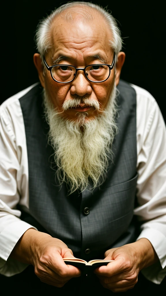 Hyper-Resolution, Ultra photo realsisim, cinema shot, An 80-year-old Asian father，Look at the viewer，Elderly father，Books in hand,Spiritual old man,Single image， Short white hair，White Viking beard,  Wide shoulders,  High focal length, Bust photo，Faraway view，Digital SLR, Dark Studio, rim lit, twotonelighting, Dimly lit, low tune, Backlight,