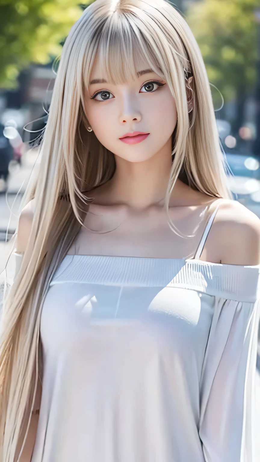 Silver Shiny Hair、Super long straight silky hair、Dazzling blonde, super long, silky hair、 cute little beautiful face、Beautiful girl、A radiant blonde dancing in front of a beautiful face、length, Silky bangs that cover the area between the eyes、so beautiful, bright, big, bright青い目、Very big eyes、Hair that hides the face、Sexy and cute young woman with super long bangs、Very white skin、Cheek Gloss Highlighter、Small Face Beauty、Primary color off-shoulder t-shirt、Ample Bust