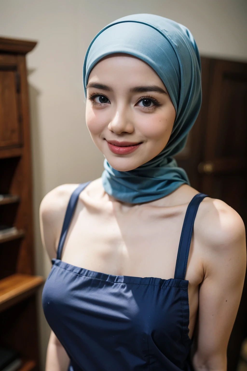 ((Hijab Stylish)), (Old Lady:1.8), Transparent transparency, ((mini apron only without t-shirt)), adorable, 1 girl, (face to face), , baby face, hf body portrait, (face details: 1), (eye details:1), ((big breasts)). wearing transparent transparency, .. Cute posed. proportional body. Ultra High Res. realistic: 1.4, UHD, tudung jilbab , lace