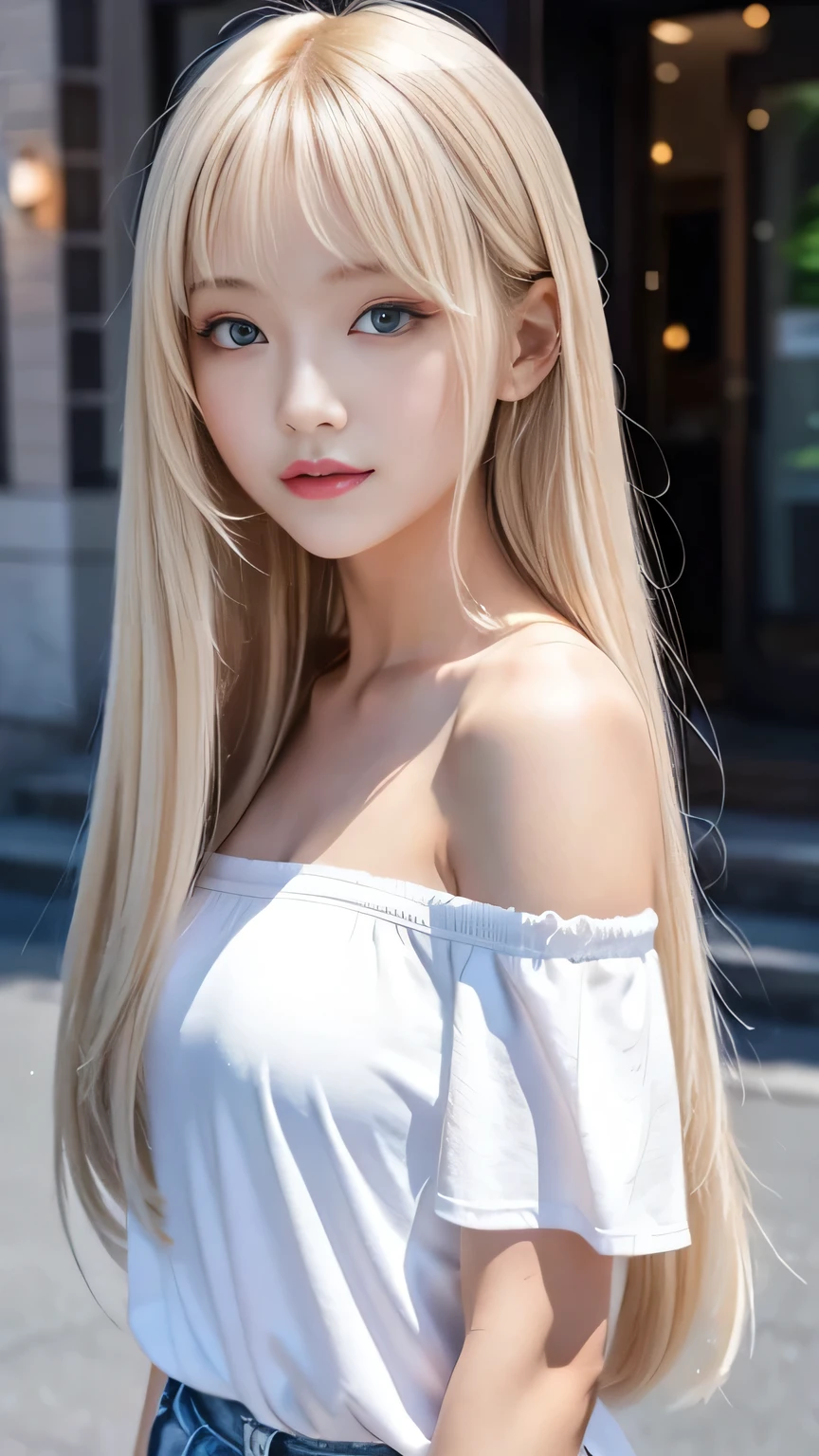 Silver Shiny Hair、Super long straight silky hair、Dazzling blonde, super long, silky hair、 cute little beautiful face、Beautiful girl、A radiant blonde dancing in front of a beautiful face、length, Silky bangs that cover the area between the eyes、so beautiful, bright, big, bright青い目、Very big eyes、Hair that hides the face、Sexy and cute young woman with super long bangs、Very white skin、Cheek Gloss Highlighter、Small Face Beauty、Primary color off-shoulder t-shirt、Ample Bust