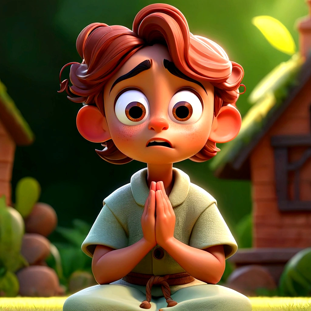 Cartoon character of praying, an animated character, Stylized character, animation style rendering, stylized 3D, Disney rendering, Stylized 3D rendering, toon rendering screenshot, 3D Character, 3D Character, Stylized 3D rendering , 3D Character Rendering, Cartoon Character, Closeup Character, Character Pose, (Pixar Style) (Master Part:1.2) (Bokeh) (Best Quality) (Detailed Skin) (Detailed Texture) (8K) (Clay ) (cinematic lighting) (sharp focus,Sits and leaks full body