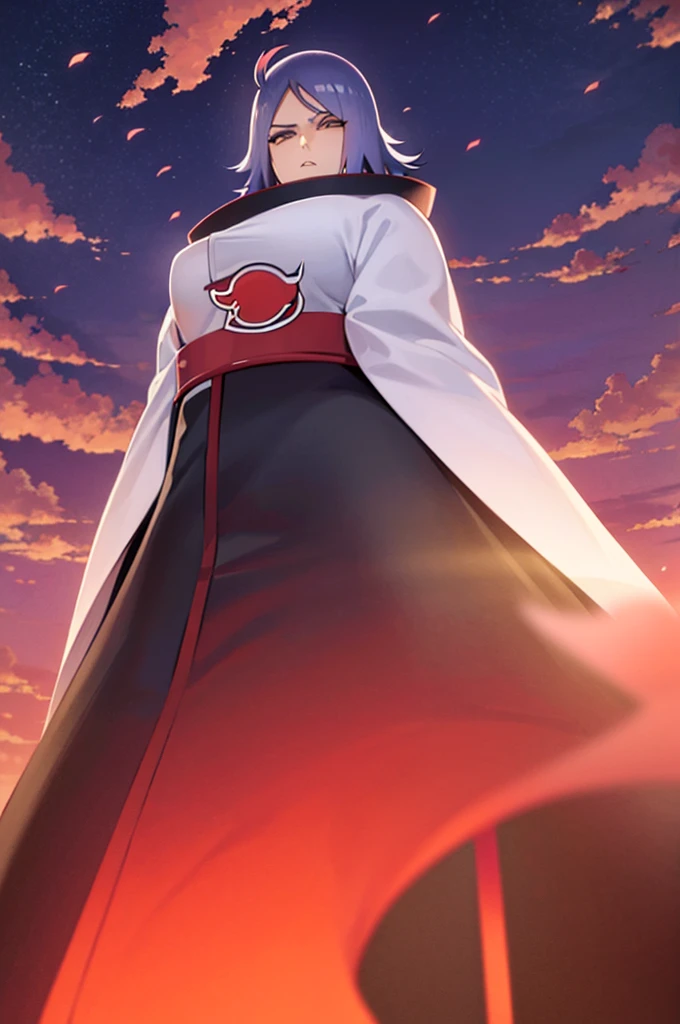 (((akatsuki robe with red clouds))), piercings, looking at the viewer, blue hair, (((standing inside dark room))), night time, busty, large breasts, high quality, 4k