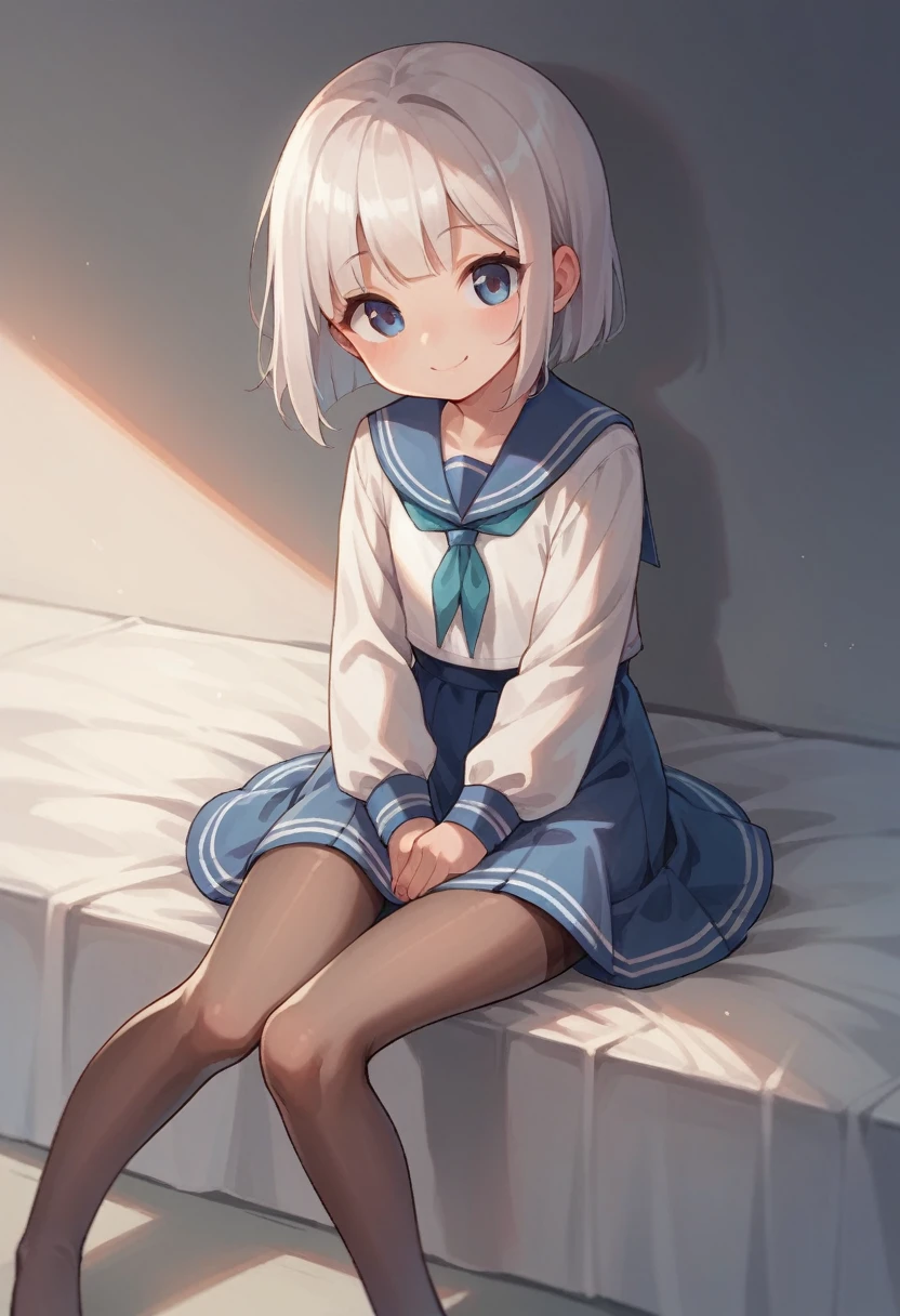 pantyhose,loli,sailor,dress,cute,sitting,white hair,smile