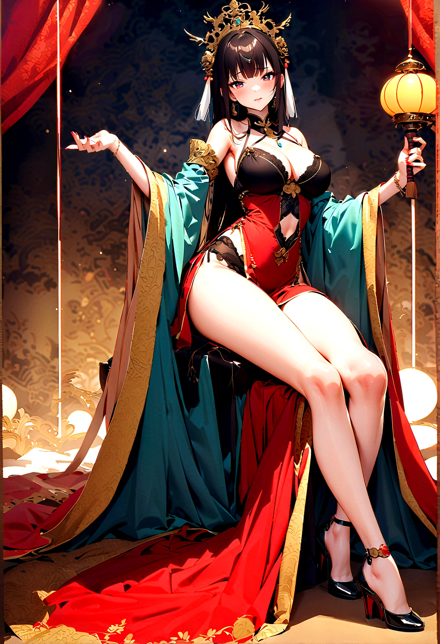 Ultimate Douluo Lan Xuanyu sexy evening dress,Lace hollow transparent camisole underwear,dark,Nervous fun,sit,Lan Xuanyu women's clothing golden dragon princess,御姐dark晚礼服高跟鞋,Sexy lace front split legs,Sexy Princess,Full body photo of front splits,Chinese ancient style empress