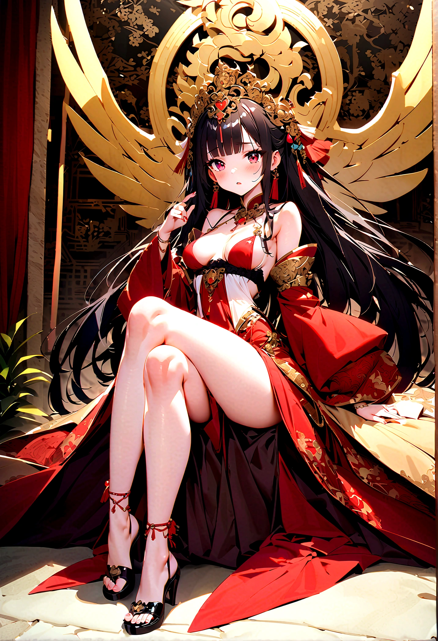 Ultimate Douluo Lan Xuanyu y evening dress,Lace hollow transparent camisole underwear,dark,Nervous fun,sit,Lan Xuanyu women's clothing golden dragon princess,御姐dark晚礼服高跟鞋,Sexace front split legs,Sexy Pcess,Full body photo of front splits,Chinese ancient style empress