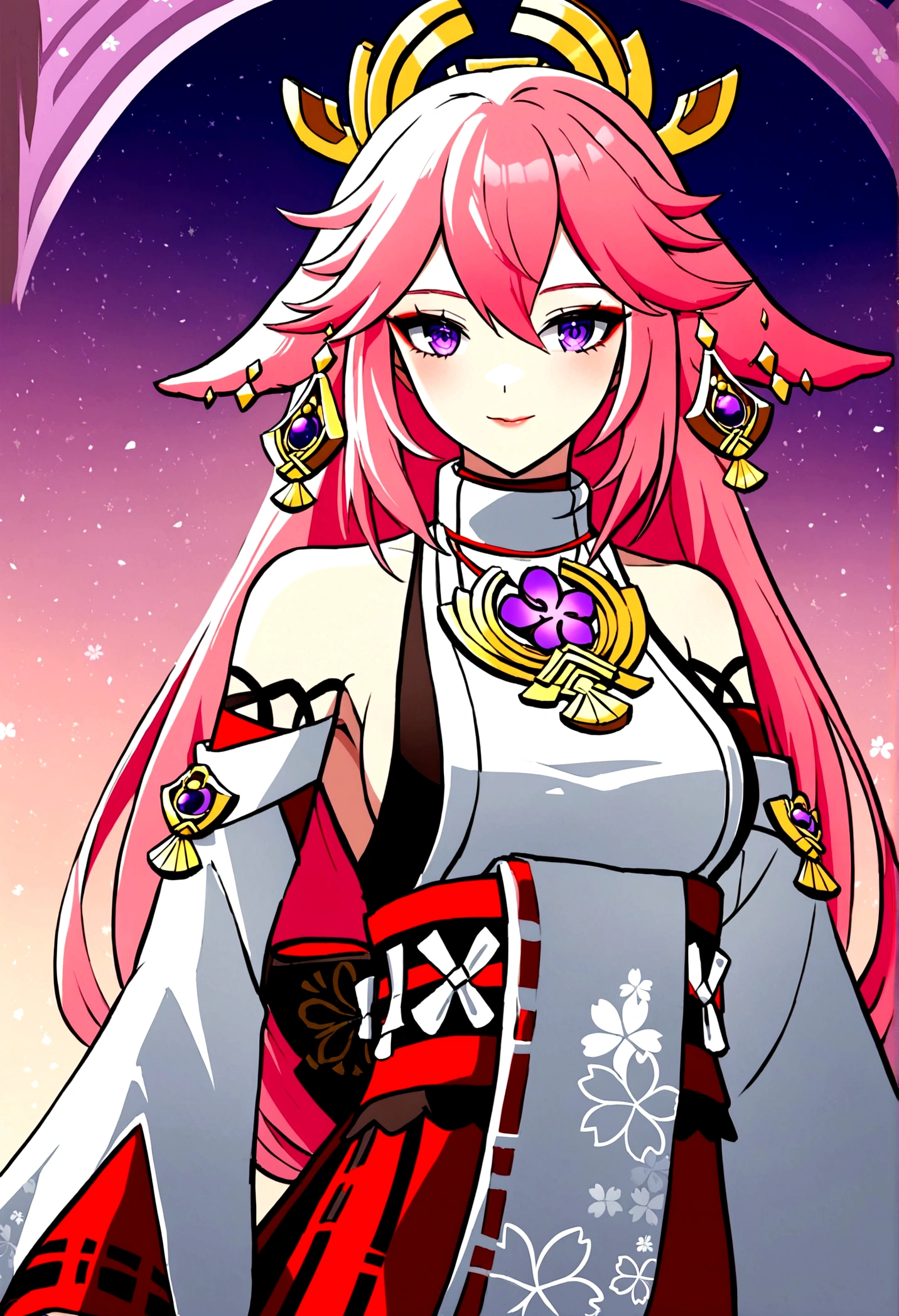yae miko, pink hair, purple eyes, seoktao art style