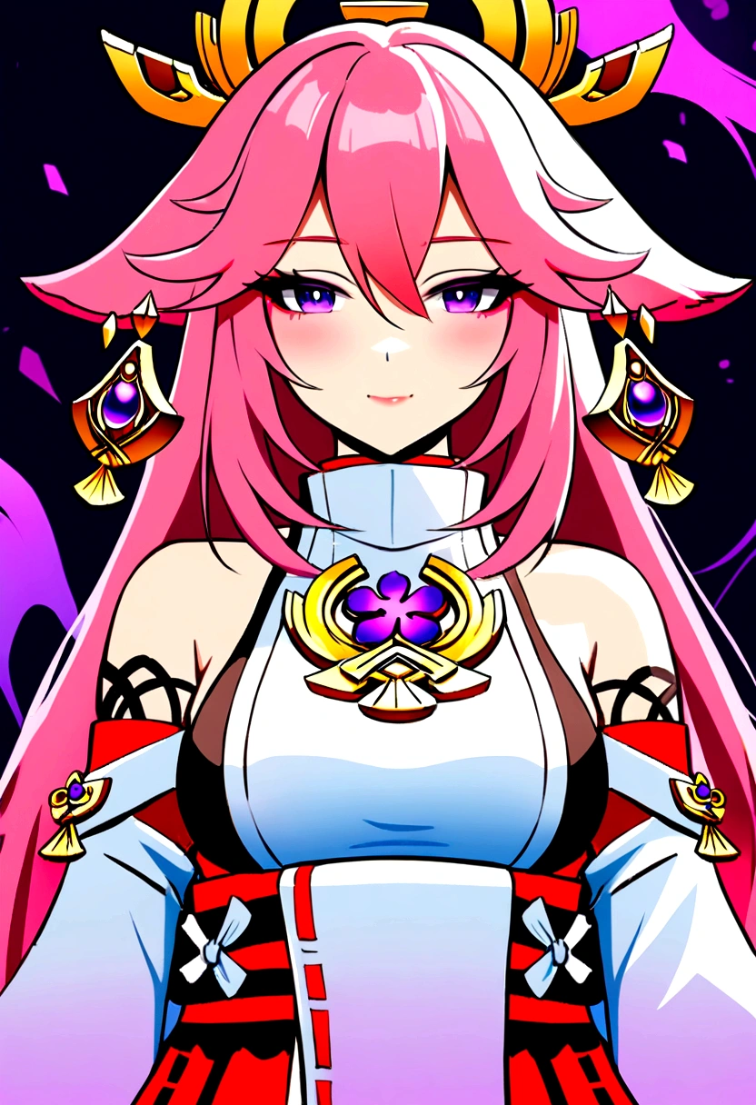 yae miko, pink hair, purple eyes, seoktao art style