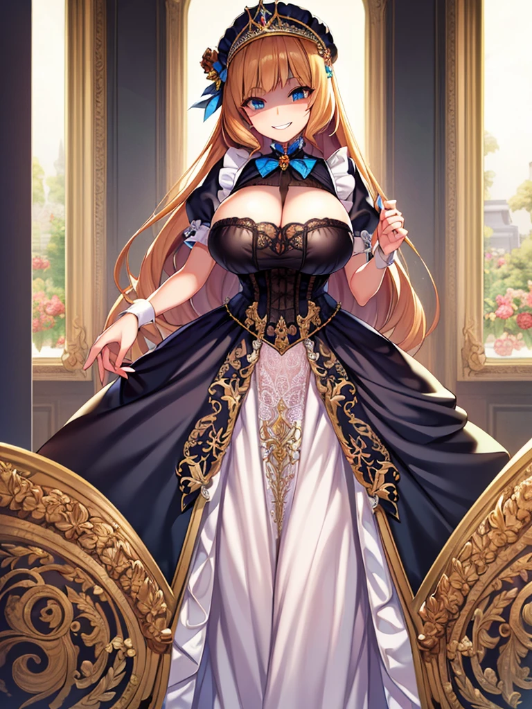 ((Anime art style)),(masterpiece),(Highest quality), (Very detailed),((Very delicate and beautiful)),((alone)),((whole body)),((1 princess in a gorgeous Victorian dress)),Lots of frills,Detailed face and eyes,Jewel-like eyes,((There is a volume and、Very long straight hair)),((Gorgeous embroidery and lace)),Gorgeous corsage,See through,gorgeous hair accessory,Gorgeous sparkling jewel tiara,Gorgeous frills,((Huge breasts,Long chest)),Skin dents,((whole body)),((Skirt of Hope,crinoline)),Standing pose,Dynamic Angle,Show Viewer,Royal Victoria Palace,(((A gorgeous Victorian dress with rich embroidery)),whole body,Big Breasts, Grin、With a creepy smile, A smile with downturned corners,View your audience, blush, Open your mouth,Please place your hand on your chest