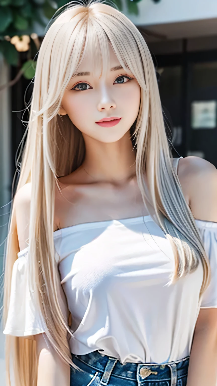 Silver Shiny Hair、Super long straight silky hair、Dazzling blonde, super long, silky hair、 cute little beautiful face、Beautiful girl、A radiant blonde dancing in front of a beautiful face、length, Silky bangs that cover the area between the eyes、so beautiful, bright, big, bright青い目、Very big eyes、Hair that hides the face、Sexy and cute young woman with super long bangs、Very white skin、Cheek Gloss Highlighter、Small Face Beauty、Primary color off-shoulder t-shirt、Ample Bust