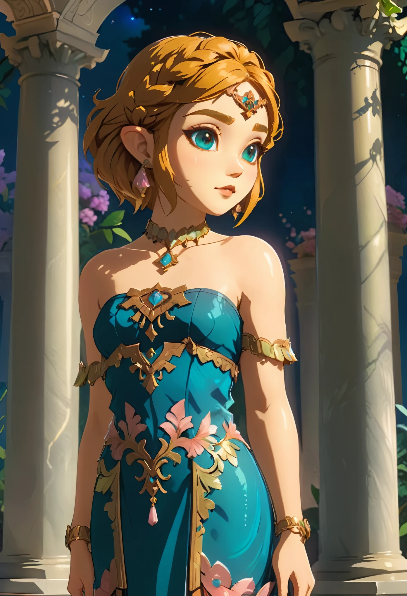 1girl like totkzelda, zonai dress, beautiful_face, blush, short hair, (leaning on marble ornate column:1.2), ((moonlit garden)), (intricate architecture:1.2), soft shadows, exquisite makeup, warm atmosphere, intricate design, bright colors, masterpiece in maximum 16K resolution, best quality, ultra detailed, aesthetics, absurdes.
