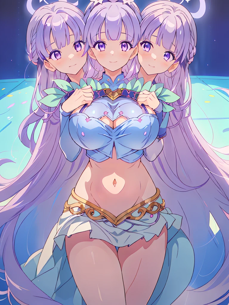 (masterpiece, best quality), best resolution, (3heads:1.5), 1girl, FESophia, light purple hair, flowing hair, smiling, soft smile, open belly, light blue crop top, light blue miniskirt, open breasts, huge tits, sexy pose, beautiful eyes, headband, blue eyes, alluring presence, beautiful eyes, detailed eyes,
