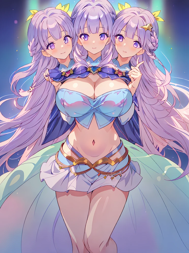 (masterpiece, best quality), best resolution, (3heads:1.5), 1girl, FESophia, light purple hair, flowing hair, smiling, soft smile, open belly, light blue crop top, light blue miniskirt, open breasts, huge tits, sexy pose, beautiful eyes, headband, blue eyes, alluring presence, beautiful eyes, detailed eyes,