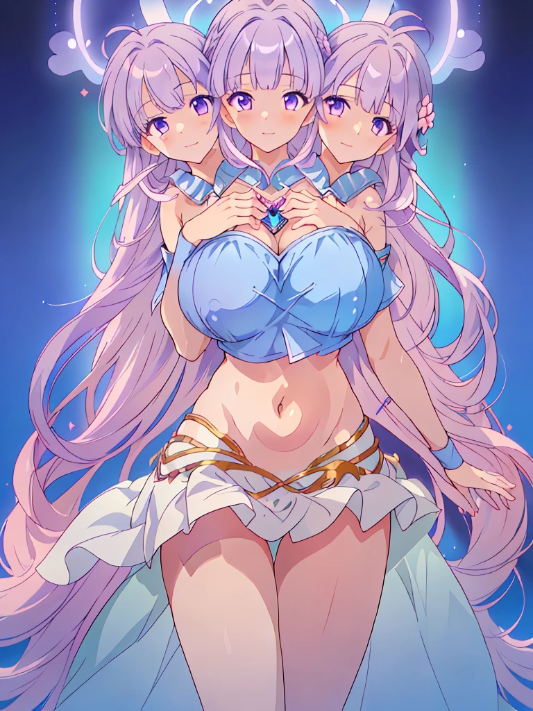(masterpiece, best quality), best resolution, (3heads:1.5), 1girl, FESophia, light purple hair, flowing hair, smiling, soft smile, open belly, light blue crop top, light blue miniskirt, open breasts, huge tits, sexy pose, beautiful eyes, headband, blue eyes, alluring presence, beautiful eyes, detailed eyes,