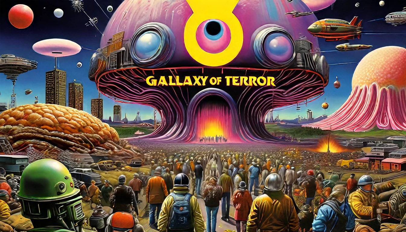 (in medium full shot:2.1), characters from Galaxy of Terror, inspired by Ed Emshwiller and Heavy Metal Magazine, Cyberpunk apocalypse in chaotic world, stalenhag, metal album cover, gwar, flying pterosaur, monsters and robots, wayne barlowe pierre pellegrini, retro sci fi, movie poster promo, ultra detailed, complex, sharp focus, object texture, studio photo, intricate details, highly detailed, Real Photo style, hyper-realistic, high dynamic range, rich colors, realistic textures, 8K uhd, high color depth, Nikon D 850, Kodak 400 port, fujifilm XT, (cinematic:2.2)