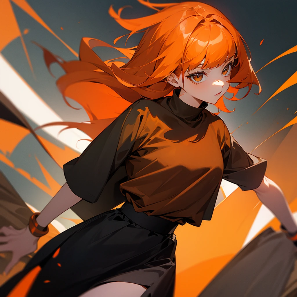 Chic with orange hair, black bangs, orange shirt and black skirt.