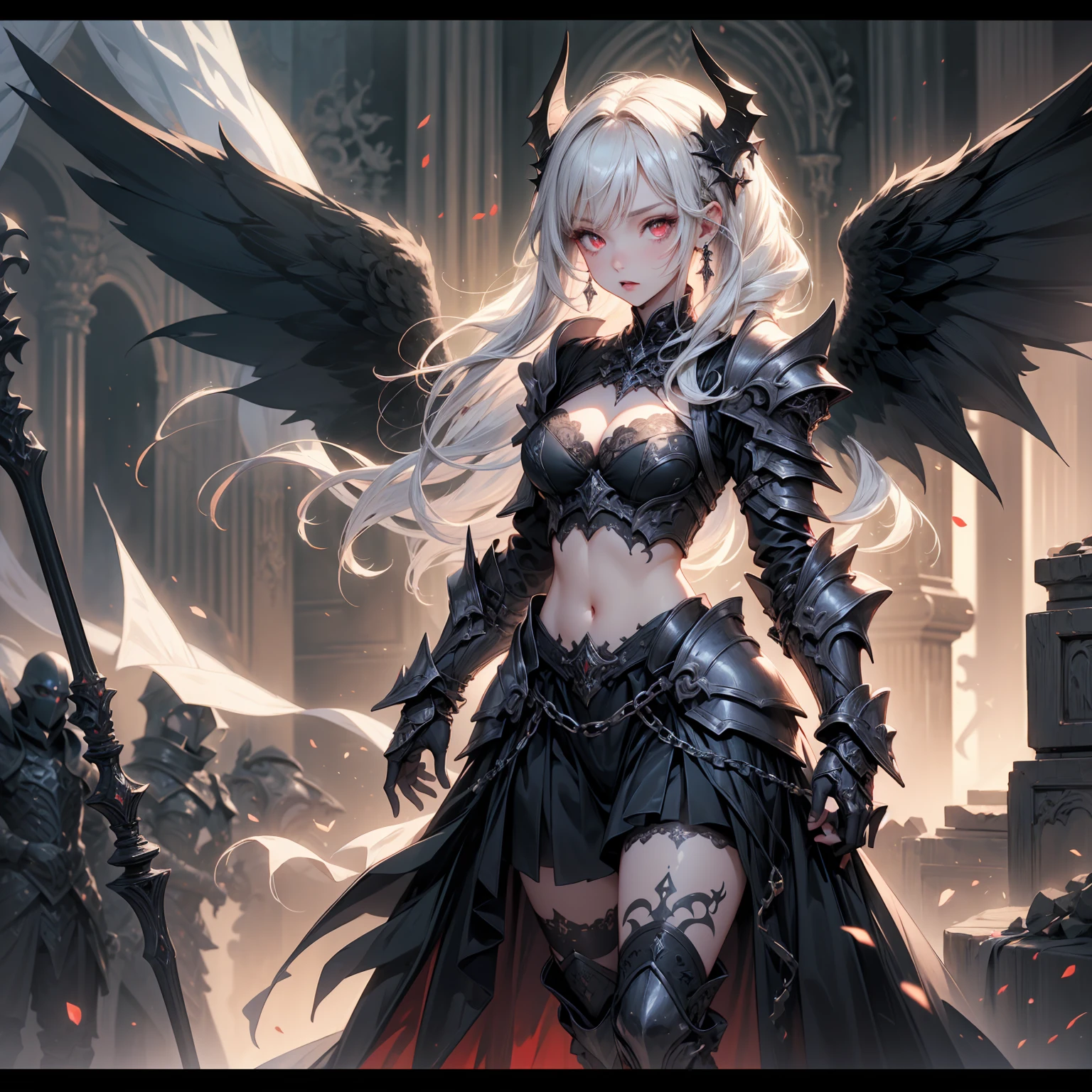 queen power armor , (gothic style), full body view , bellybutton, The most beautiful and sexy demon goddess, long white hair, glowing red eyes, wearing detailed black gothic battle armor, black angel wings, tattoos and piercings, gothic castle, perfect masterpiece, high quality, high resolution