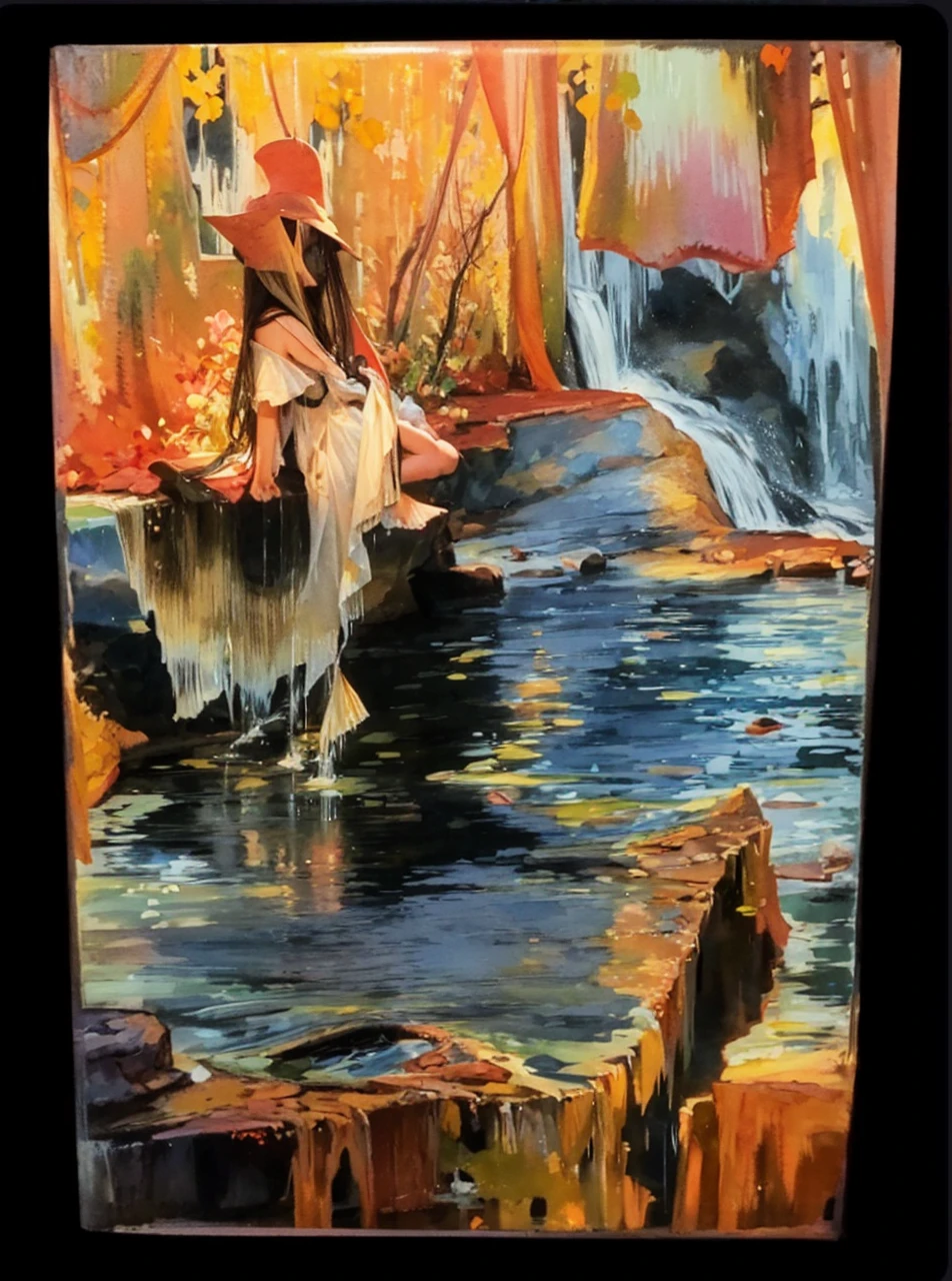 There is a beautiful waterfall in the upper right corner of the picture,In the lower right corner of the picture, there is a clear silhouette of a person standing by the lake fishing.,There is a clear outline of a yellow cat in the middle of the bottom of the picture,In the lower left corner of the picture, there is a beautiful woman with clear outline taking a bath by the lake.,The colors are distinct and blended,Clear changes in light and shadow,Silky smooth and delicate watercolor painting