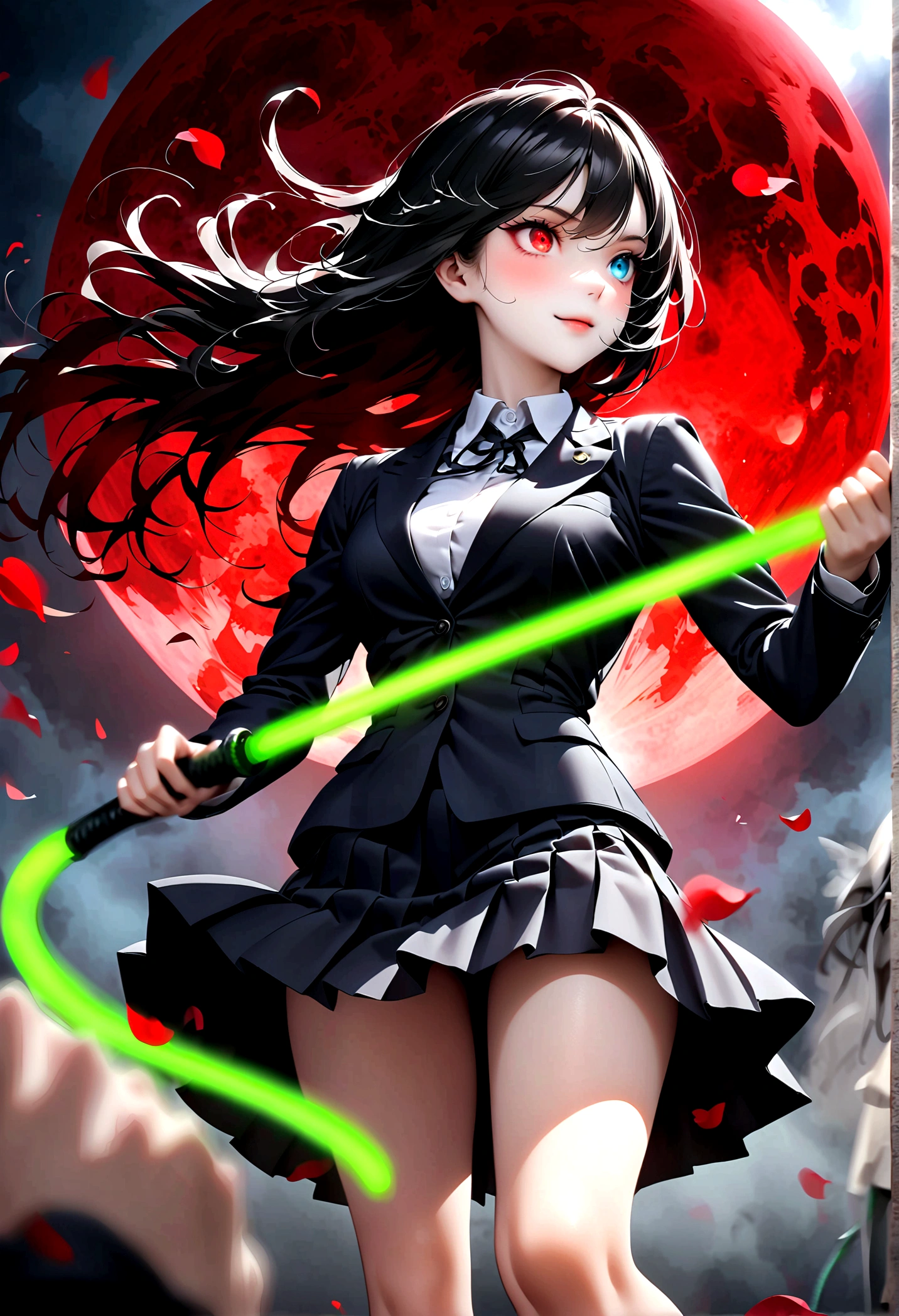 Award-winning Japanese comics,Second Dimension,Japanese Anime,1 girl swinging a whip,Smile,White long haire butterflys,Anime style,body movements,Sense of Power,Force Value,(((Heterochromia:1.37))),(((Black pleated skirt,))),Elegant Posture、Red Moon、dark purple tones,Elegant and atmospheric。,(((Fluorescent green whip:1.37。Motion blurred,Motion Blur))),Petals in the sky,Blurred foreground,Face Focus