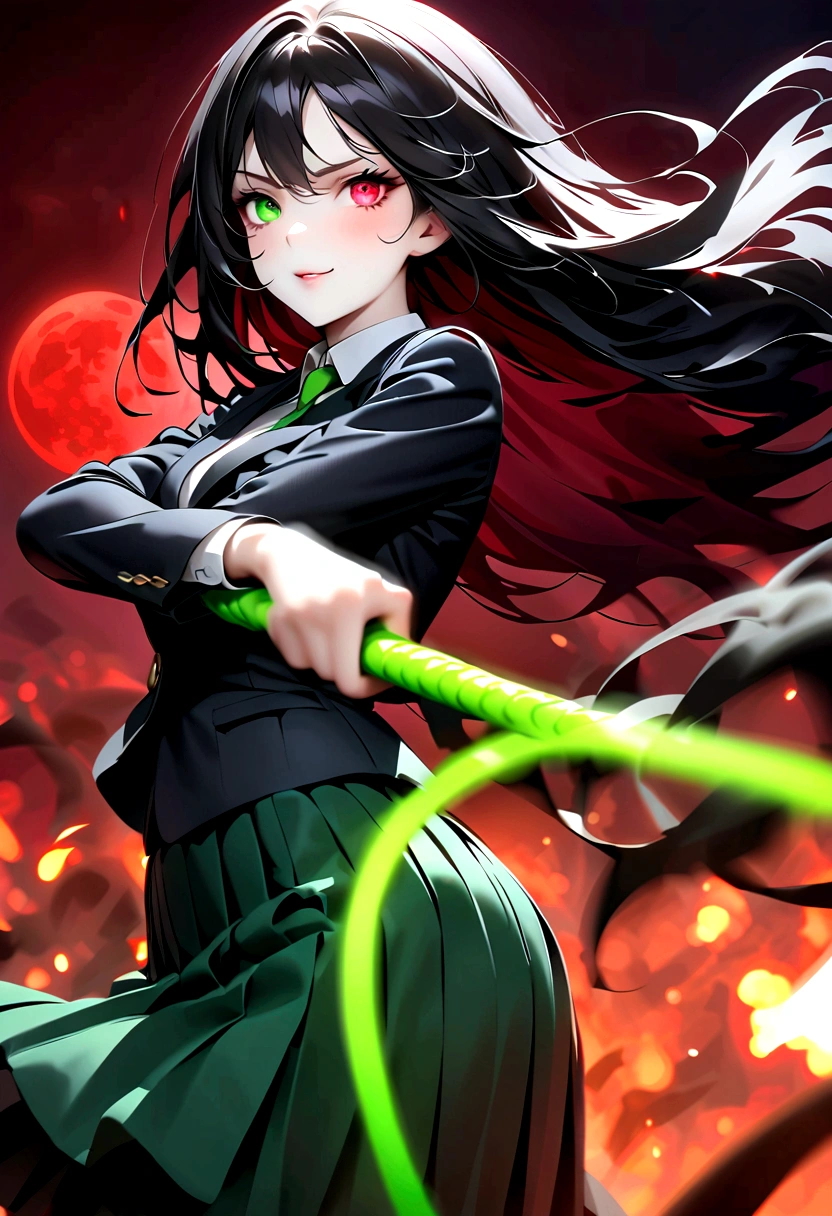 Award-winning Japanese comics，Second Dimension，Japanese Anime，1 girl swinging a whip，Smile，White long haire  butterflys，Anime style，body movements，Sense of Power，Force Value，(((Heterochromia：1.37)))，(((Black pleated skirt，)))，Elegant Posture、Red Moon、dark purple tones，Elegant and atmospheric。，(((Fluorescent green whip：1.37。Motion blurred，Motion Blur)))，Petals in the sky，Blurred foreground，Face Focus
