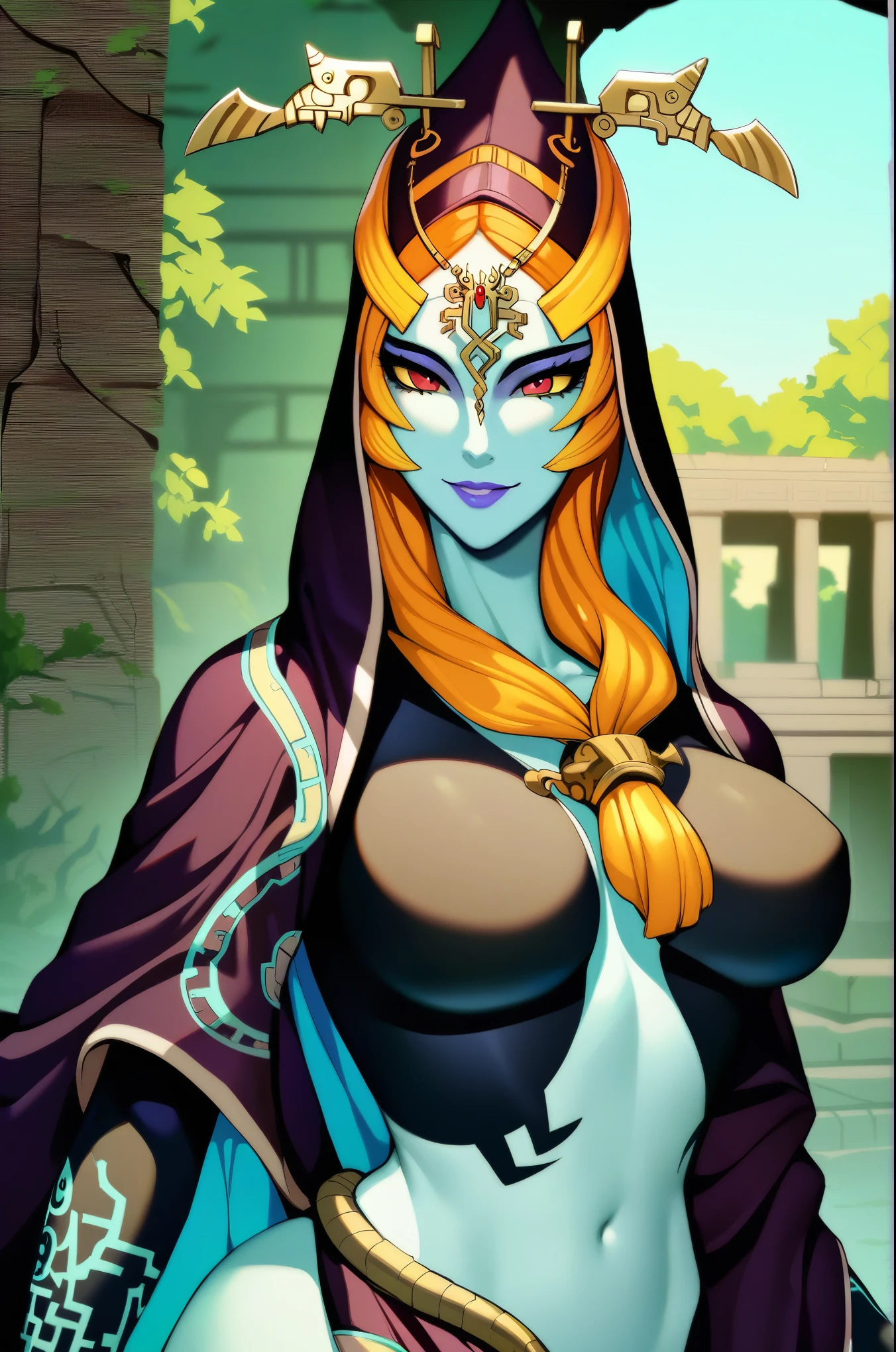 (close-up), midnatrue, colored sclera, multicolored skin, two-tone skin, front ponytail, cloak, hood, half-skirt, hair ornament, forehead jewel, smile,(moonlight amidst (ancient temple ruins:1.2), (overgrown), waterfall, intricate design, bright colors, masterpiece in maximum 16K resolution, best quality, ultra detailed, aesthetics, absurdes.
