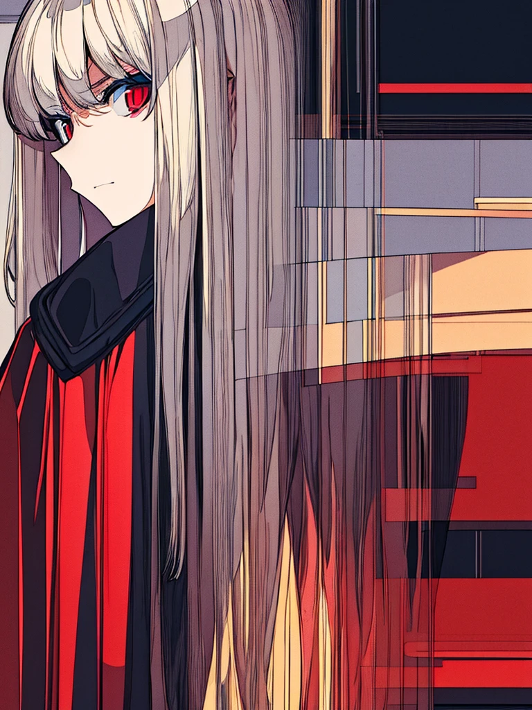 masterpiece, best quality, Flat Color,Low contrast, (Clear lines),sideways, contour,1 Girl,poker face,Black Kimono,serious,coat,Gray hair,Red pupil,No Expression,