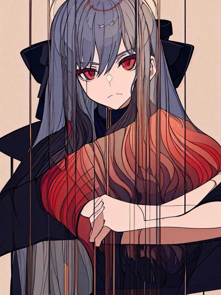 masterpiece, best quality, Flat Color，Low contrast, (Clear lines)，sideways, contour，1 Girl，poker face，Black Kimono，serious，coat，Gray hair，Red pupil，No Expression，