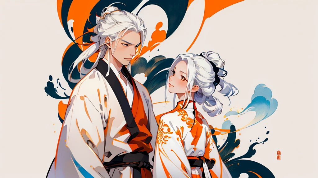 high quality , one white hair girl and one white hair boy, long hair, wuxia character, ((white clothes with blue and orange accent)), ink painting background, flat background, minimalist background, chinese wind pattern background,
