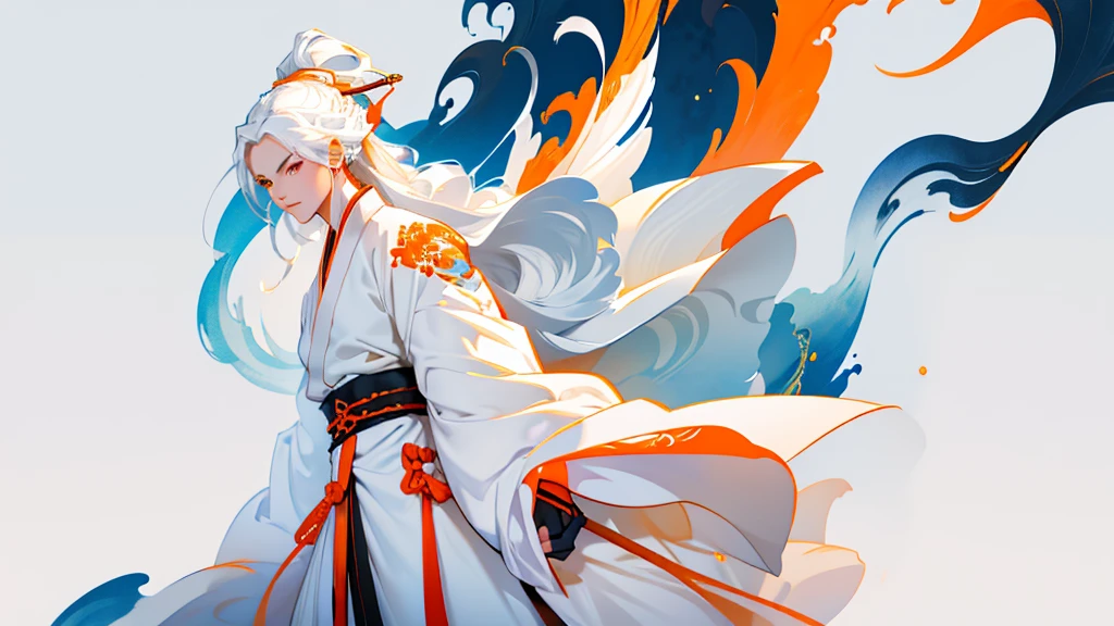 high quality , one white hair girl and one white hair boy, long hair, wuxia character, ((white clothes with blue and orange accent)), ink painting background, flat background, minimalist background, chinese wind pattern background,