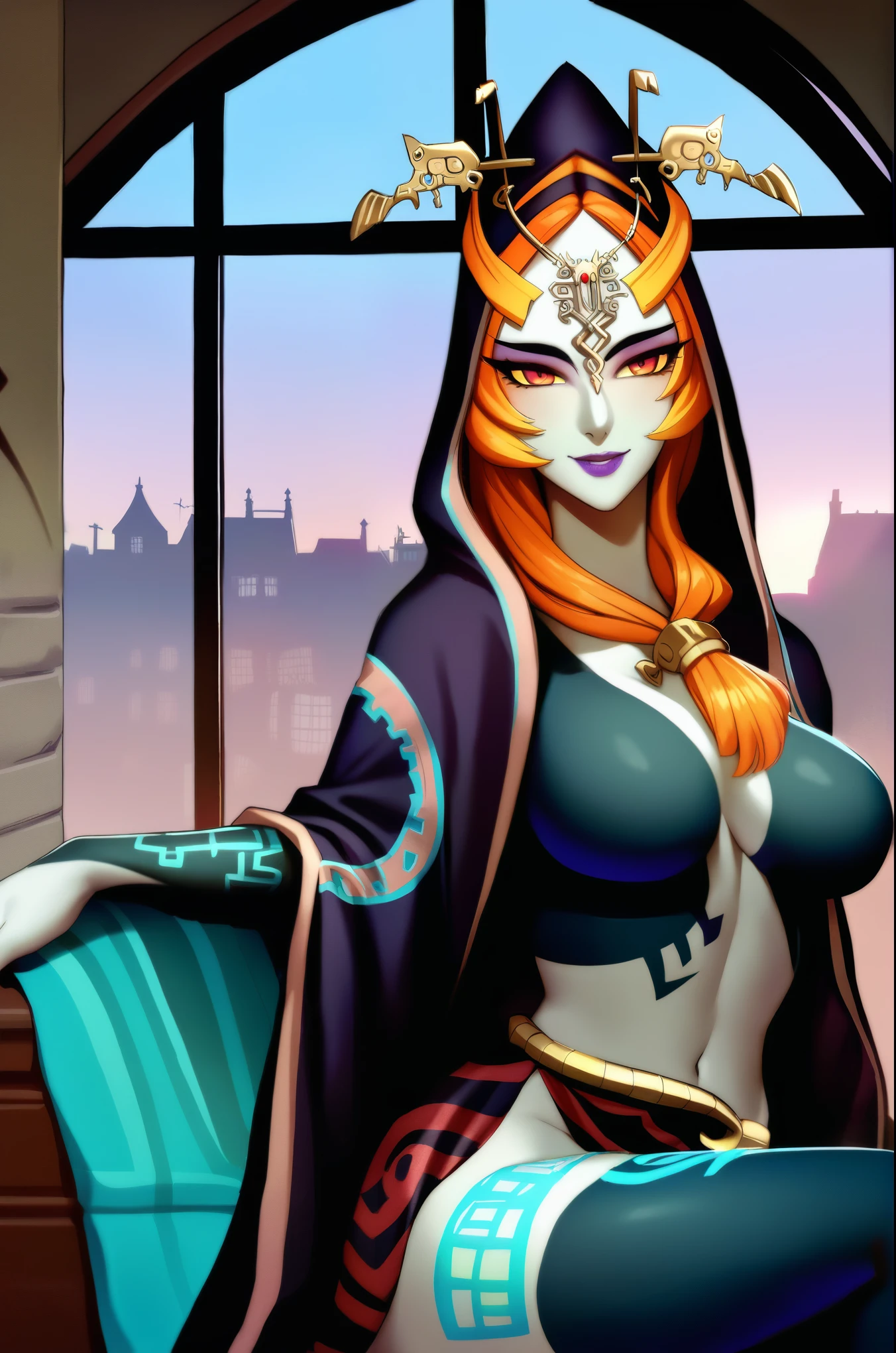 (close-up), midnatrue, colored sclera, multicolored skin, two-tone skin, front ponytail, cloak, hood, half-skirt, hair ornament, forehead jewel, smile, (sitting in on ornate windowsill:1.2), ((twilight medieval city behind windows)), intricate design, bright colors, masterpiece in maximum 16K resolution, best quality, ultra detailed, aesthetics, absurdes.
