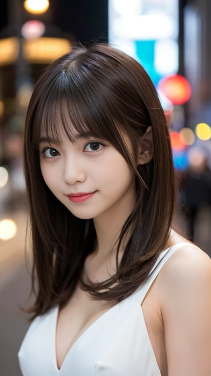 Tabletop, Highest quality, shape, Very detailed, finely, High resolution, 8k wallpaper, 完璧なダイナミックな構shape, finelyて美しい目, Wearing a sexy dress of random colors,Medium Hair,Natural color lip, smile,Harajuku、Teenage Girl、cute、Looking into the camera、Beautiful breasts with D cups、Brown Hair、Blurred night New York background,Perfect Anatomy