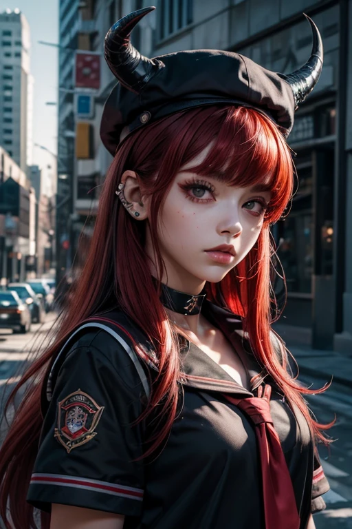 ((ultra realisitic)), ((picture-perfect)), ((face perfect)), ((ultra detaild)), ((fully body)), ((perfectbody)), uma garota de schoolar uniform, demon girl with tail and horns, jiraikei, choker, rings, Ear Body Piercing, piercing no nariz, black eyes, red hair with black highlights((red hair with black highlights)), ((fully body)), schoolar uniform, seifuku, ((vestida de schoolar uniform)), ((redheadwear)), fully body