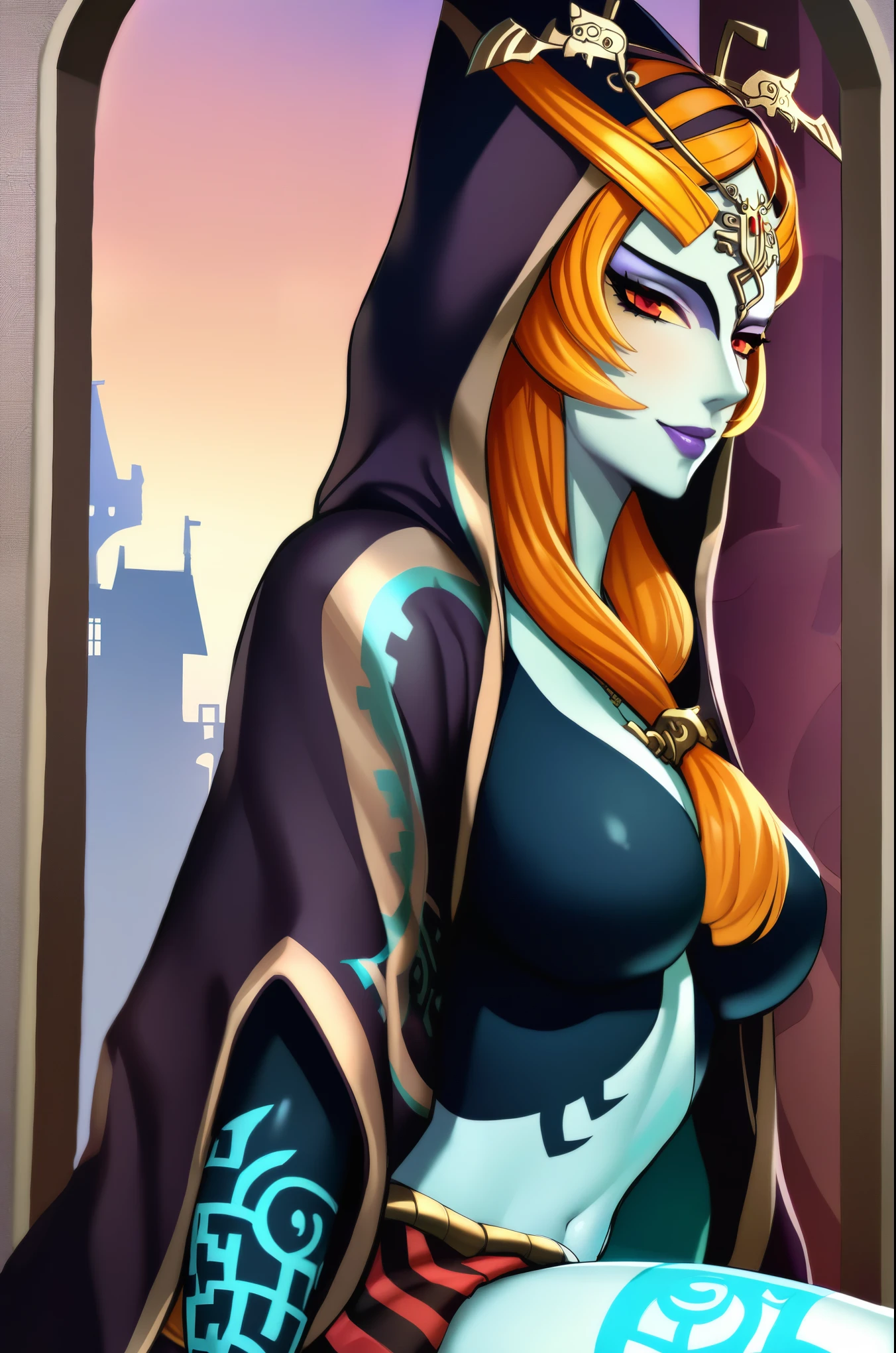 (close-up), midnatrue, colored sclera, multicolored skin, two-tone skin, front ponytail, cloak, hood, half-skirt, hair ornament, forehead jewel, smile, (sitting in on ornate windowsill:1.2), ((twilight medieval city behind windows)), intricate design, bright colors, masterpiece in maximum 16K resolution, best quality, ultra detailed, aesthetics, absurdes.